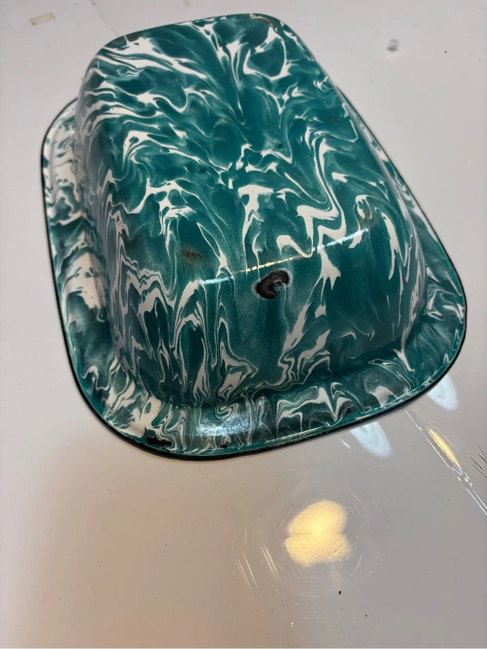 vintage rectangular enamelwear baking pan teal white swirl pattern